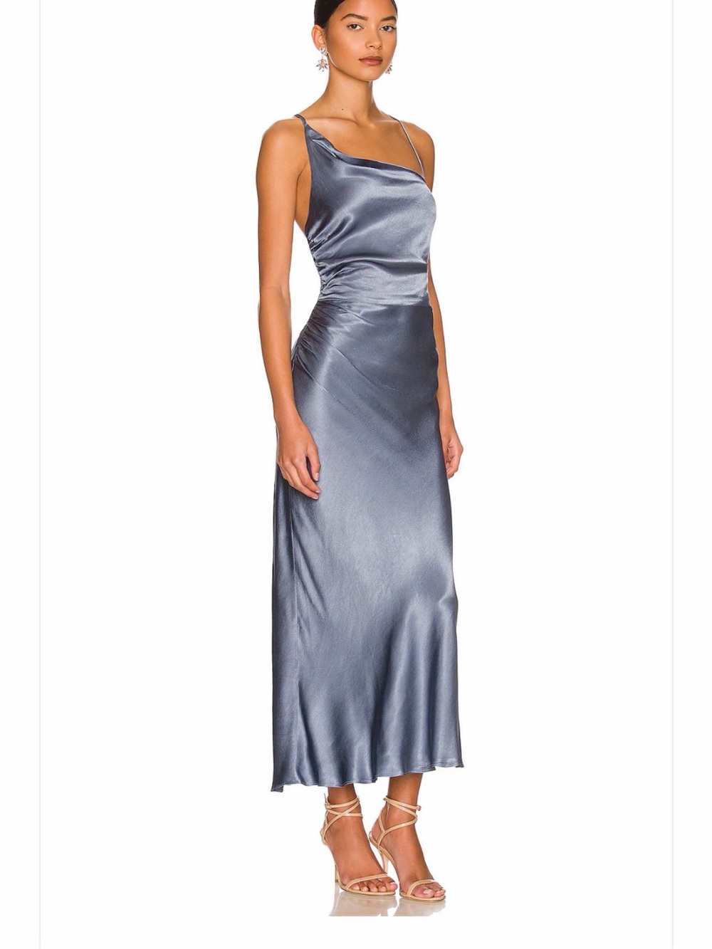 Shona Joy La Lune Asymmetrical Cowl Blue Smoke Satin Slip Midi Dress